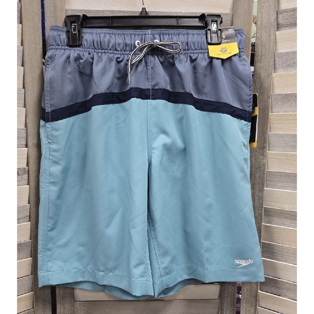 Speedo Swim Trunks Bathing Suit Mens Medium Black Gray Blue UPF 50 BlockTheBurn